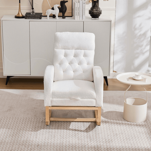 Cadeira de baloiço para amamentação 65,6 x 123 x 102 cm - tecido felpudo com padrão de ursinhos, apoio para os pés ajustável, bolsos laterais - branco