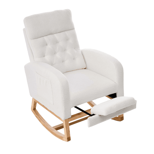 Cadeira de baloiço para amamentação 65,6 x 123 x 102 cm - tecido felpudo com padrão de ursinhos, apoio para os pés ajustável, bolsos laterais - branco