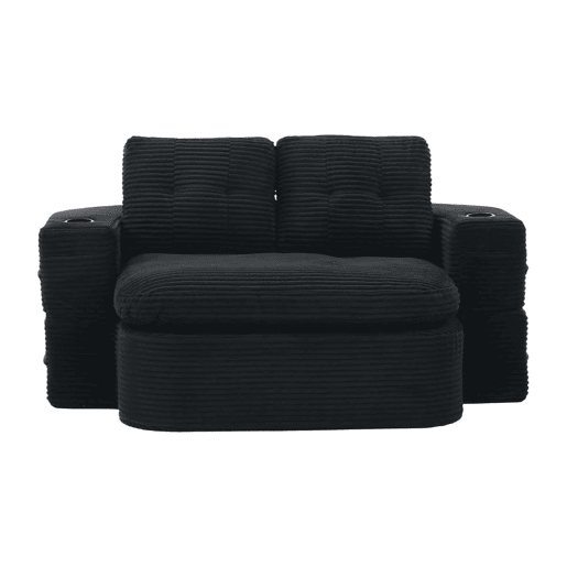 Poltrona-cama de 2 lugares - 2 em 1 em veludo cotelê com função reclinável, braços ajustáveis, porta-copos e encosto alto - Preto