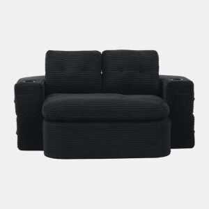 Poltrona-cama de 2 lugares - 2 em 1 em veludo cotelê com função reclinável, braços ajustáveis, porta-copos e encosto alto - Preto