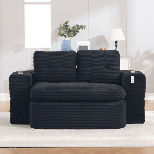 Poltrona-cama de 2 lugares - 2 em 1 em veludo cotelê com função reclinável, braços ajustáveis, porta-copos e encosto alto - Preto