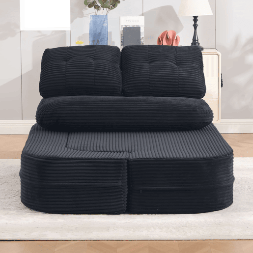 Poltrona-cama de 2 lugares - 2 em 1 em veludo cotelê com função reclinável, braços ajustáveis, porta-copos e encosto alto - Preto