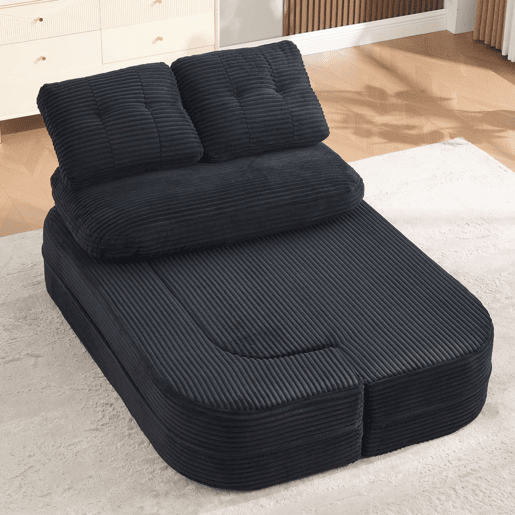 Poltrona-cama de 2 lugares - 2 em 1 em veludo cotelê com função reclinável, braços ajustáveis, porta-copos e encosto alto - Preto
