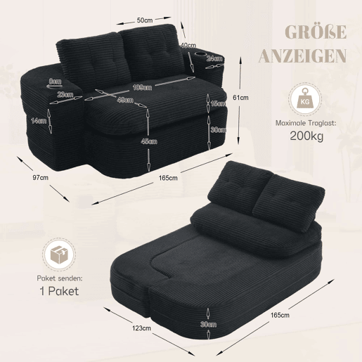 Poltrona-cama de 2 lugares - 2 em 1 em veludo cotelê com função reclinável, braços ajustáveis, porta-copos e encosto alto - Preto