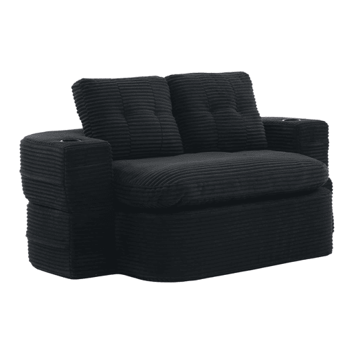 Poltrona-cama de 2 lugares - 2 em 1 em veludo cotelê com função reclinável, braços ajustáveis, porta-copos e encosto alto - Preto