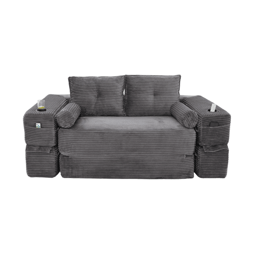 Sofá-cama de 2 lugares - estofo em veludo cotelê, almofadas viscoelásticas, porta-copos e bolsos laterais, montagem rápida - cinzento escuro