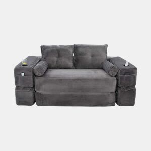 Sofá-cama de 2 lugares - estofo em veludo cotelê, almofadas viscoelásticas, porta-copos e bolsos laterais, montagem rápida - cinzento escuro
