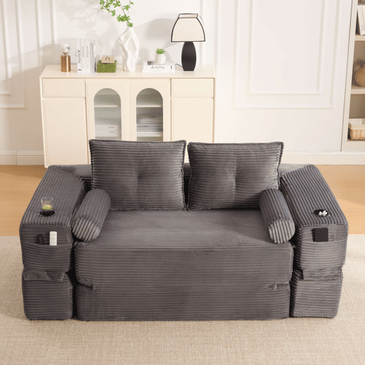 Sofá-cama de 2 lugares - estofo em veludo cotelê, almofadas viscoelásticas, porta-copos e bolsos laterais, montagem rápida - cinzento escuro