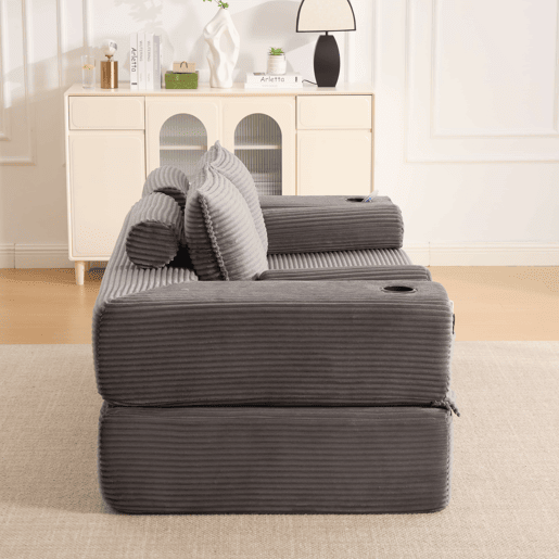 Sofá-cama de 2 lugares - estofo em veludo cotelê, almofadas viscoelásticas, porta-copos e bolsos laterais, montagem rápida - cinzento escuro