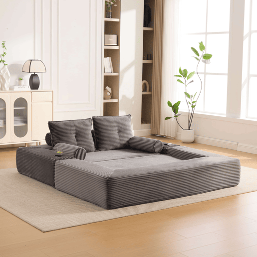 Sofá-cama de 2 lugares - estofo em veludo cotelê, almofadas viscoelásticas, porta-copos e bolsos laterais, montagem rápida - cinzento escuro
