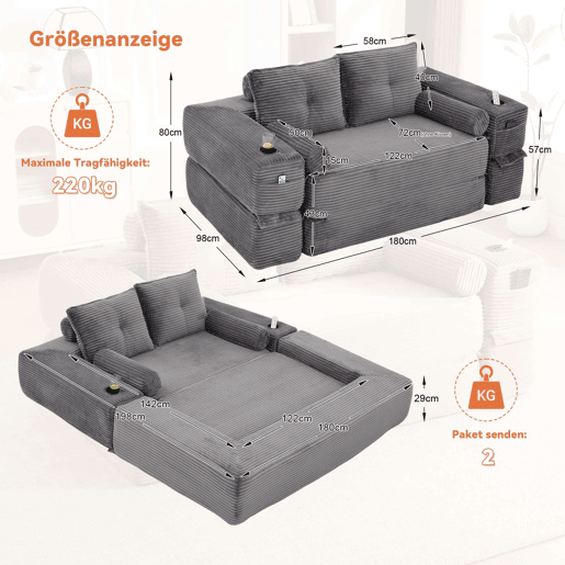 Sofá-cama de 2 lugares - estofo em veludo cotelê, almofadas viscoelásticas, porta-copos e bolsos laterais, montagem rápida - cinzento escuro