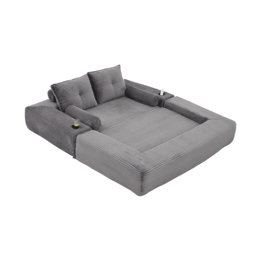Sofá-cama de 2 lugares - estofo em veludo cotelê, almofadas viscoelásticas, porta-copos e bolsos laterais, montagem rápida - cinzento escuro