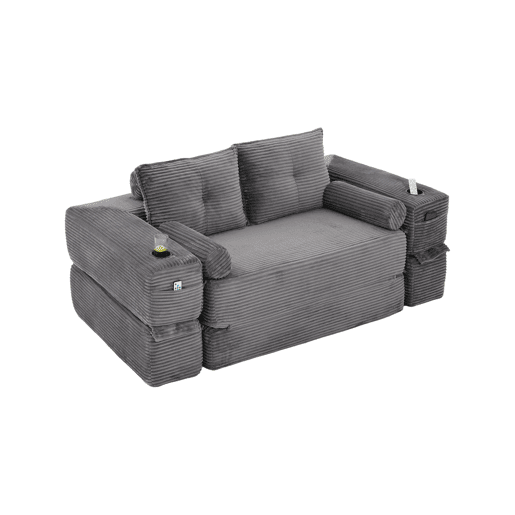 Sofá-cama de 2 lugares - estofo em veludo cotelê, almofadas viscoelásticas, porta-copos e bolsos laterais, montagem rápida - cinzento escuro