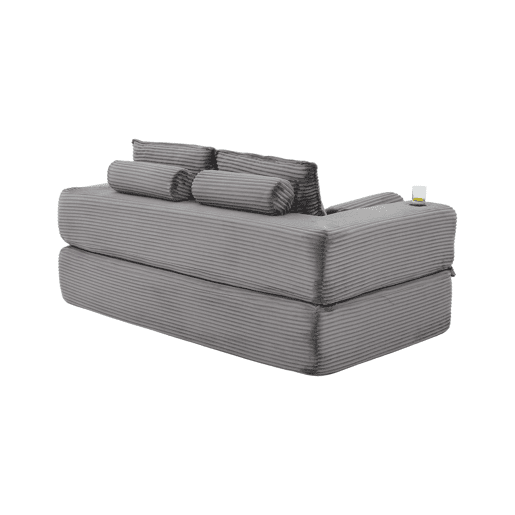 Sofá-cama de 2 lugares - estofo em veludo cotelê, almofadas viscoelásticas, porta-copos e bolsos laterais, montagem rápida - cinzento escuro
