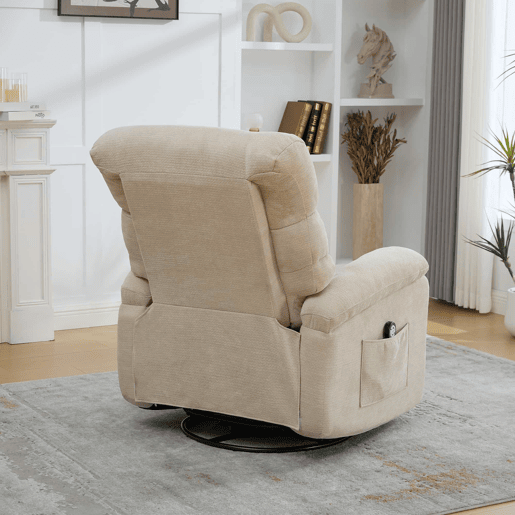 Poltrona relax elétrica giratória a 360° com função de massagem e aquecimento, encosto e apoio para os pés reclináveis e ajustáveis com bolsos laterais - Castanho-claro Poltrona relax elétrica giratória a 360° com função de massagem e aquecimento, encosto e apoio para os pés reclináveis e ajustáveis com bolsos laterais - Castanho-claro