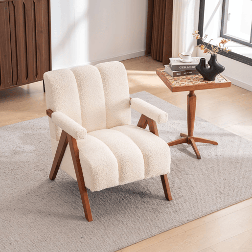 Poltrona decorativa 77 x 68,5 x 77 cm u2014 estofada em bouclé, com estrutura em madeira e braços modernos u2014 Bege Poltrona decorativa 77 x 68,5 x 77 cm u2014 estofada em bouclé, com estrutura em madeira e braços modernos u2014 Bege