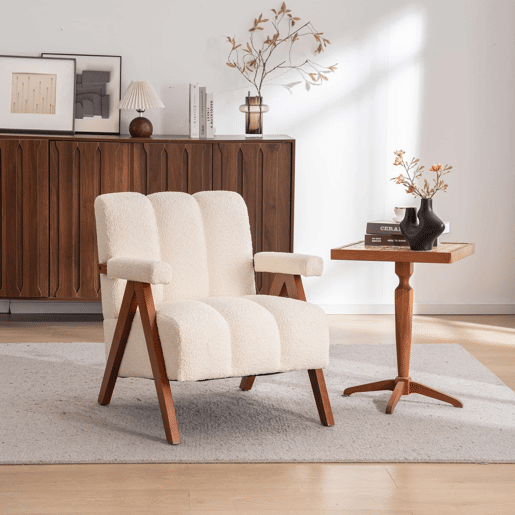 Poltrona decorativa 77 x 68,5 x 77 cm u2014 estofada em bouclé, com estrutura em madeira e braços modernos u2014 Bege Poltrona decorativa 77 x 68,5 x 77 cm u2014 estofada em bouclé, com estrutura em madeira e braços modernos u2014 Bege
