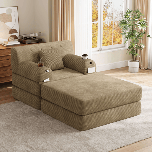 Sofá-cama individual de 1 lugar - reclinável em veludo cotelê com pufe, encosto alto, estrutura metálica, espuma de alta densidade, porta-copos e bolsos laterais - Cáqui