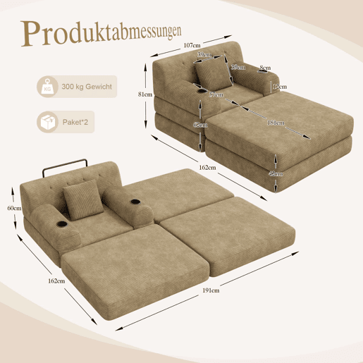 Sofá-cama individual de 1 lugar - reclinável em veludo cotelê com pufe, encosto alto, estrutura metálica, espuma de alta densidade, porta-copos e bolsos laterais - Cáqui