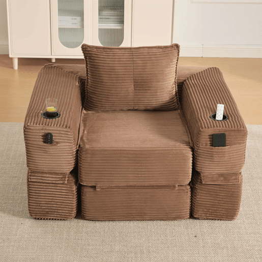 Sofá-cama individual em veludo - Espuma de alta densidade com molas ensacadas, bolso lateral, porta-copos e montagem fácil - Castanho Sofá-cama individual em veludo - Espuma de alta densidade com molas ensacadas, bolso lateral, porta-copos e montagem fácil - Castanho