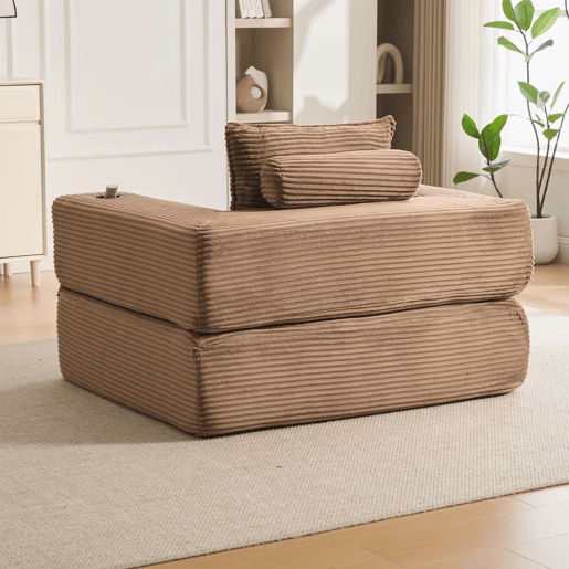 Sofá-cama individual em veludo - Espuma de alta densidade com molas ensacadas, bolso lateral, porta-copos e montagem fácil - Castanho Sofá-cama individual em veludo - Espuma de alta densidade com molas ensacadas, bolso lateral, porta-copos e montagem fácil - Castanho