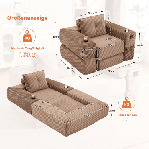 Sofá-cama individual em veludo - Espuma de alta densidade com molas ensacadas, bolso lateral, porta-copos e montagem fácil - Castanho Sofá-cama individual em veludo - Espuma de alta densidade com molas ensacadas, bolso lateral, porta-copos e montagem fácil - Castanho