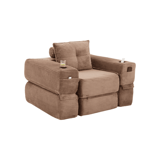 Sofá-cama individual em veludo - Espuma de alta densidade com molas ensacadas, bolso lateral, porta-copos e montagem fácil - Castanho Sofá-cama individual em veludo - Espuma de alta densidade com molas ensacadas, bolso lateral, porta-copos e montagem fácil - Castanho