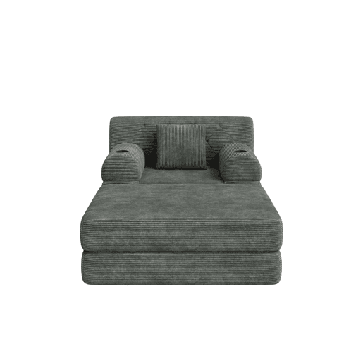 Sofá-cama individual de 1 lugar - poltrona reclinável em veludo cotelê com banquinho, encosto alto, estrutura metálica, espuma de alta densidade, porta-copos e bolsos laterais - Cinza escuro
