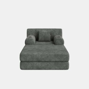 Sofá-cama individual de 1 lugar - poltrona reclinável em veludo cotelê com banquinho, encosto alto, estrutura metálica, espuma de alta densidade, porta-copos e bolsos laterais - Cinza escuro