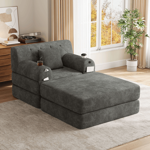 Sofá-cama individual de 1 lugar - poltrona reclinável em veludo cotelê com banquinho, encosto alto, estrutura metálica, espuma de alta densidade, porta-copos e bolsos laterais - Cinza escuro