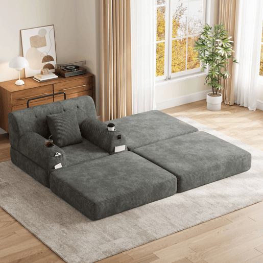 Sofá-cama individual de 1 lugar - poltrona reclinável em veludo cotelê com banquinho, encosto alto, estrutura metálica, espuma de alta densidade, porta-copos e bolsos laterais - Cinza escuro