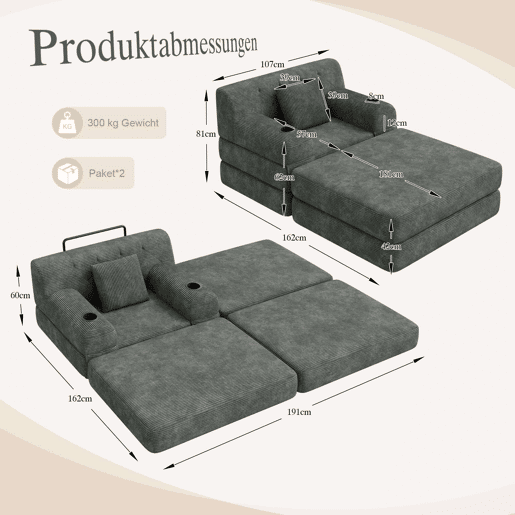 Sofá-cama individual de 1 lugar - poltrona reclinável em veludo cotelê com banquinho, encosto alto, estrutura metálica, espuma de alta densidade, porta-copos e bolsos laterais - Cinza escuro