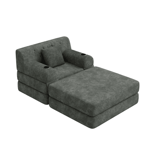 Sofá-cama individual de 1 lugar - poltrona reclinável em veludo cotelê com banquinho, encosto alto, estrutura metálica, espuma de alta densidade, porta-copos e bolsos laterais - Cinza escuro
