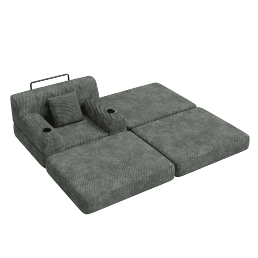 Sofá-cama individual de 1 lugar - poltrona reclinável em veludo cotelê com banquinho, encosto alto, estrutura metálica, espuma de alta densidade, porta-copos e bolsos laterais - Cinza escuro