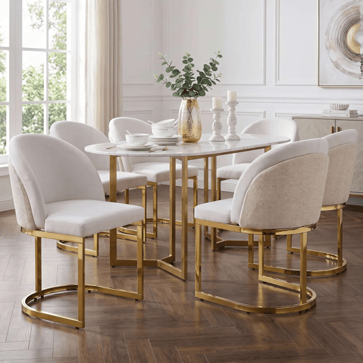 6 cadeiras de jantar - Chenille respirável, estilo moderno com pernas galvanizadas douradas - Bege e dourado