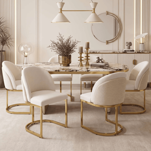 6 cadeiras de jantar - Chenille respirável, estilo moderno com pernas galvanizadas douradas - Bege e dourado