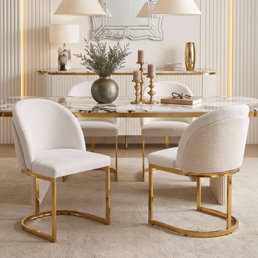 6 cadeiras de jantar - Chenille respirável, estilo moderno com pernas galvanizadas douradas - Bege e dourado