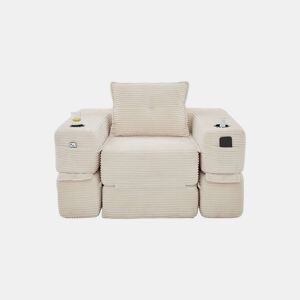 Sofá-cama individual de 1 lugar - veludo canelado com espuma de alta densidade, molas ensacadas, bolso lateral e porta-copos - Bege