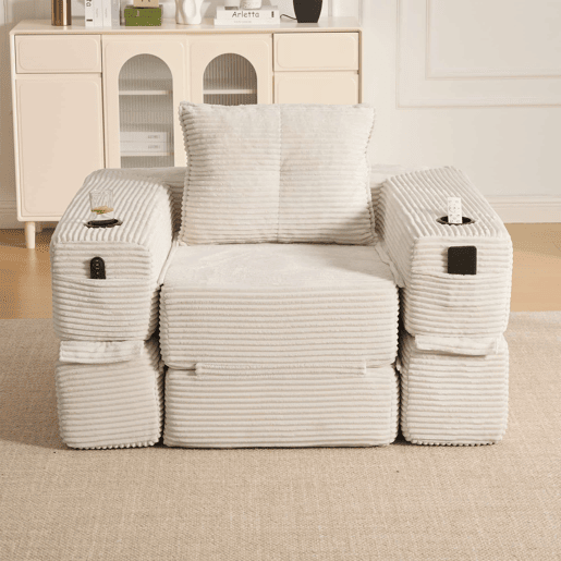 Sofá-cama individual de 1 lugar - veludo canelado com espuma de alta densidade, molas ensacadas, bolso lateral e porta-copos - Bege Sofá-cama individual de 1 lugar - veludo canelado com espuma de alta densidade, molas ensacadas, bolso lateral e porta-copos - Bege