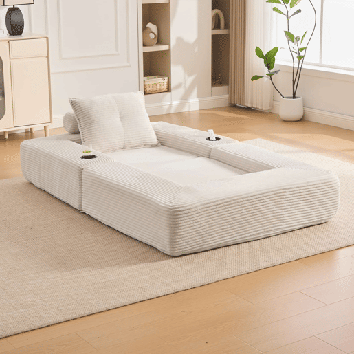 Sofá-cama individual de 1 lugar - veludo canelado com espuma de alta densidade, molas ensacadas, bolso lateral e porta-copos - Bege Sofá-cama individual de 1 lugar - veludo canelado com espuma de alta densidade, molas ensacadas, bolso lateral e porta-copos - Bege