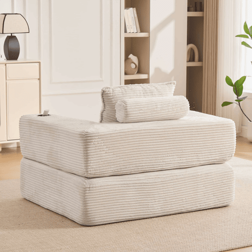 Sofá-cama individual de 1 lugar - veludo canelado com espuma de alta densidade, molas ensacadas, bolso lateral e porta-copos - Bege Sofá-cama individual de 1 lugar - veludo canelado com espuma de alta densidade, molas ensacadas, bolso lateral e porta-copos - Bege