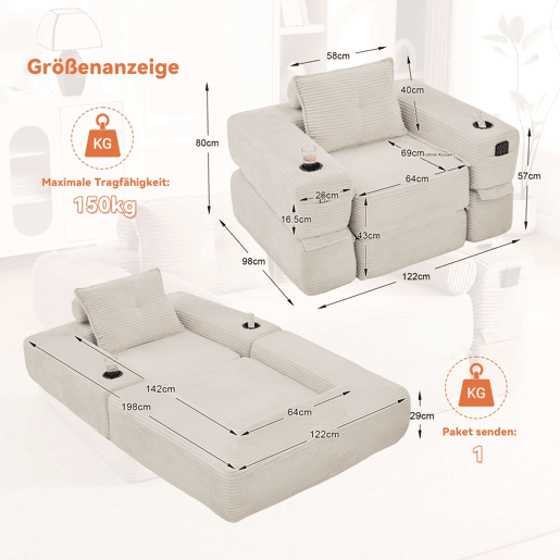 Sofá-cama individual de 1 lugar - veludo canelado com espuma de alta densidade, molas ensacadas, bolso lateral e porta-copos - Bege Sofá-cama individual de 1 lugar - veludo canelado com espuma de alta densidade, molas ensacadas, bolso lateral e porta-copos - Bege