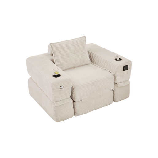 Sofá-cama individual de 1 lugar - veludo canelado com espuma de alta densidade, molas ensacadas, bolso lateral e porta-copos - Bege Sofá-cama individual de 1 lugar - veludo canelado com espuma de alta densidade, molas ensacadas, bolso lateral e porta-copos - Bege
