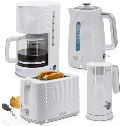 Briebe SKT1185WHT Elegance Conjunto Torradeira de Pão + Chaleira Elétrica 1,7L + Máquina de Café Filtro + Espumador de Leite, 2200, Branco