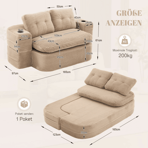 Sofá-cama de 2 lugares - Reclinável, almofadas grossas, encosto alto, braços ajustáveis com suportes para copos, multifuncional - Cáqui Sofá-cama de 2 lugares - Reclinável, almofadas grossas, encosto alto, braços ajustáveis com suportes para copos, multifuncional - Cáqui
