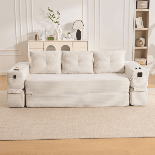 Sofá-cama de 3 lugares - em veludo, com espuma de alta densidade, núcleo de molas, almofadas Memory, porta-copos e bolsos - Bege Sofá-cama de 3 lugares - em veludo, com espuma de alta densidade, núcleo de molas, almofadas Memory, porta-copos e bolsos - Bege
