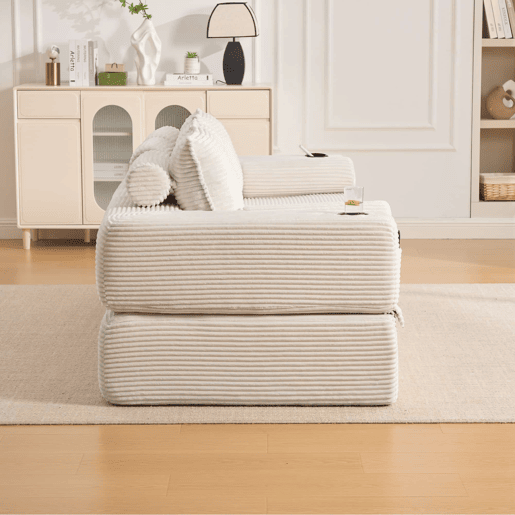 Sofá-cama de 3 lugares - em veludo, com espuma de alta densidade, núcleo de molas, almofadas Memory, porta-copos e bolsos - Bege Sofá-cama de 3 lugares - em veludo, com espuma de alta densidade, núcleo de molas, almofadas Memory, porta-copos e bolsos - Bege