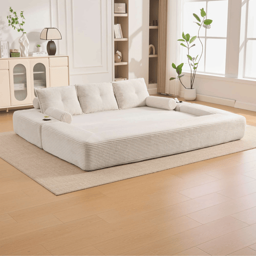 Sofá-cama de 3 lugares - em veludo, com espuma de alta densidade, núcleo de molas, almofadas Memory, porta-copos e bolsos - Bege Sofá-cama de 3 lugares - em veludo, com espuma de alta densidade, núcleo de molas, almofadas Memory, porta-copos e bolsos - Bege