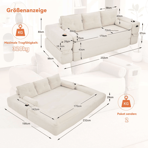 Sofá-cama de 3 lugares - em veludo, com espuma de alta densidade, núcleo de molas, almofadas Memory, porta-copos e bolsos - Bege Sofá-cama de 3 lugares - em veludo, com espuma de alta densidade, núcleo de molas, almofadas Memory, porta-copos e bolsos - Bege