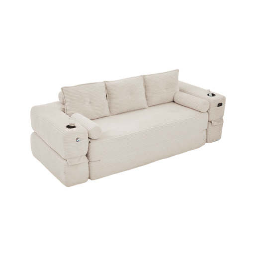 Sofá-cama de 3 lugares - em veludo, com espuma de alta densidade, núcleo de molas, almofadas Memory, porta-copos e bolsos - Bege Sofá-cama de 3 lugares - em veludo, com espuma de alta densidade, núcleo de molas, almofadas Memory, porta-copos e bolsos - Bege